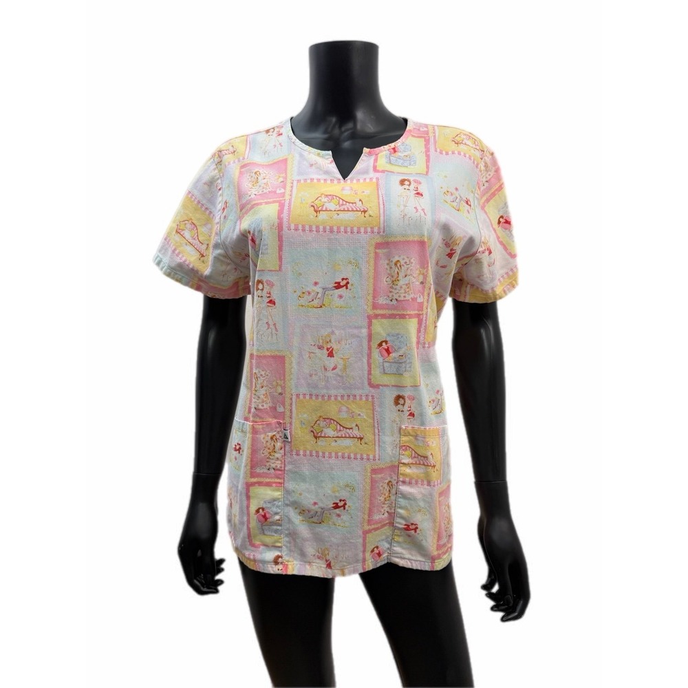 Cherokee Studio Women Scrub Top Pastel Print Tie Back Short Sleeve Size‎ M